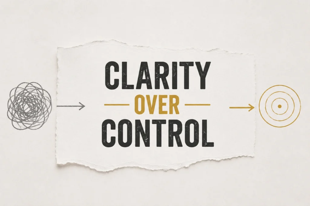 Clarity Over Control concept graphic showing a journey from confusion to focus with minimalist black and gold design.