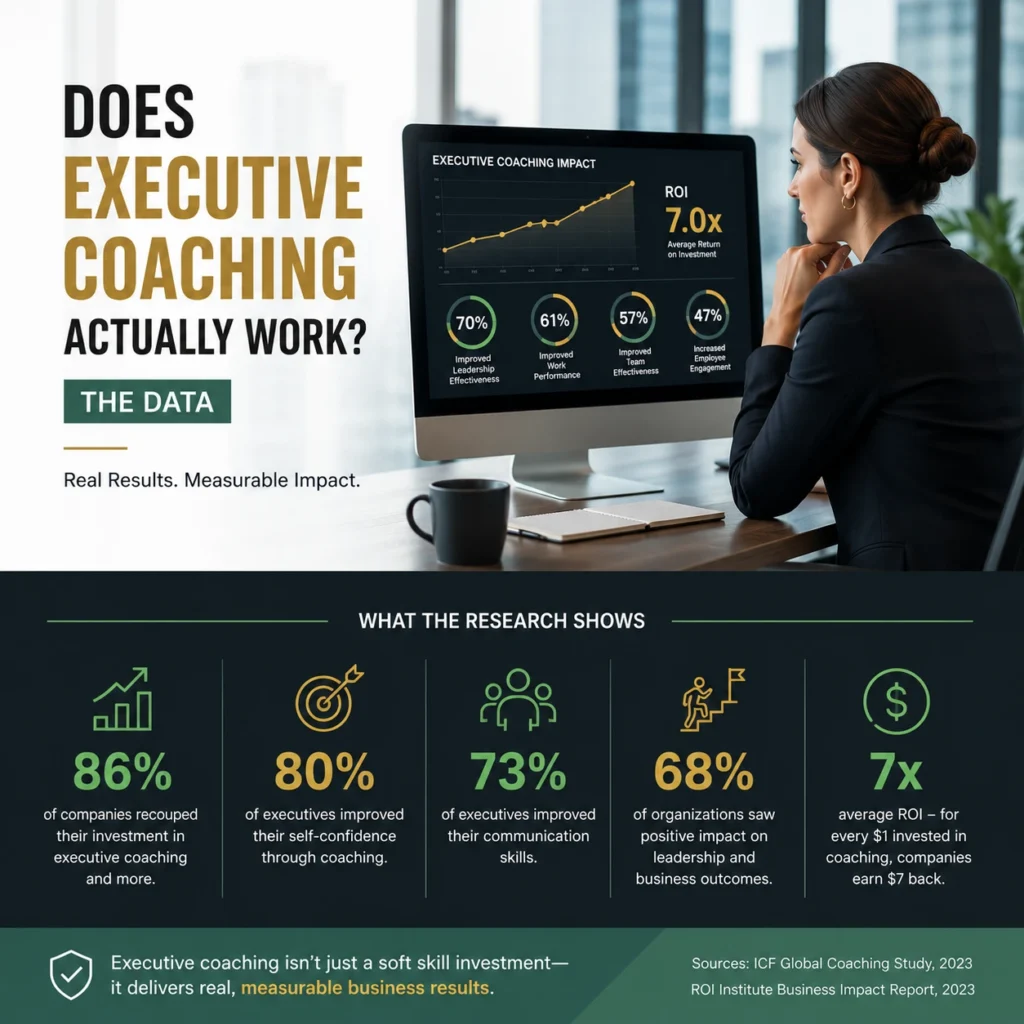 Professional business leader analyzing executive coaching performance data on a digital analytics dashboard, illustrating measurable ROI, leadership improvement, communication skills, employee engagement, and the proven impact of executive coaching through data-driven business metrics.