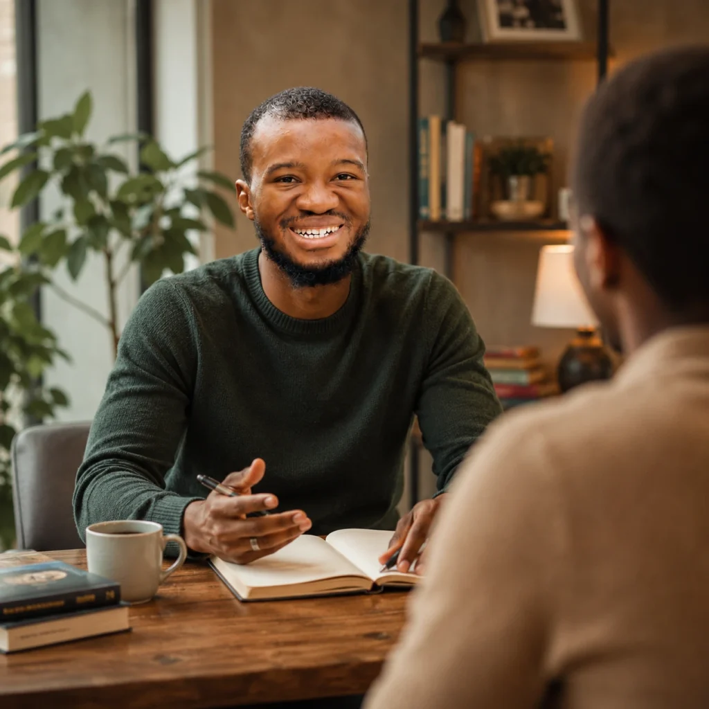Real-life coach guiding a client during a warm, one-on-one mentoring session with an open notebook and thoughtful conversation.