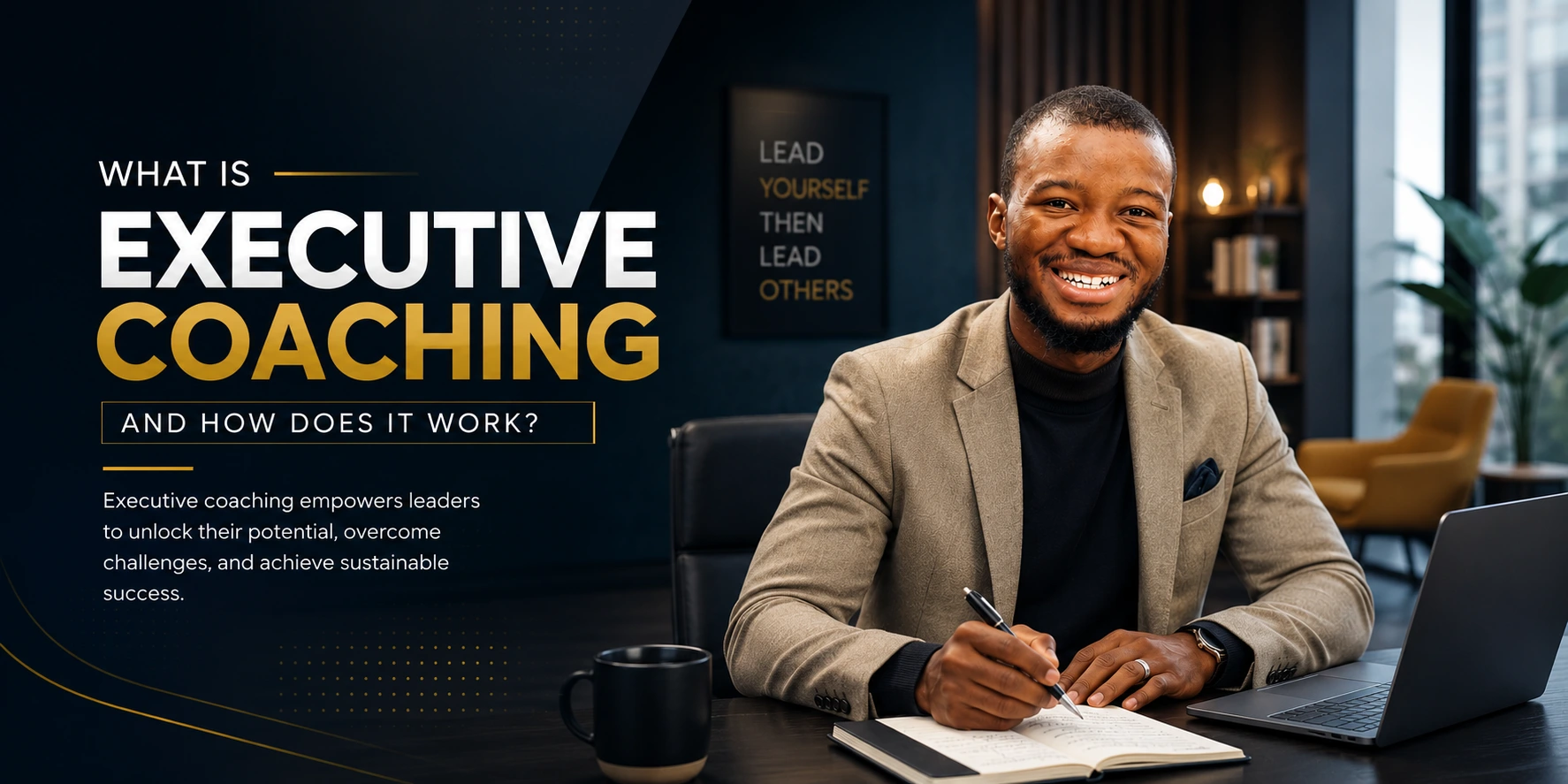 Executive coaching professional in a modern office explaining what executive coaching is and how it works, representing leadership development, strategic thinking, and executive performance coaching.