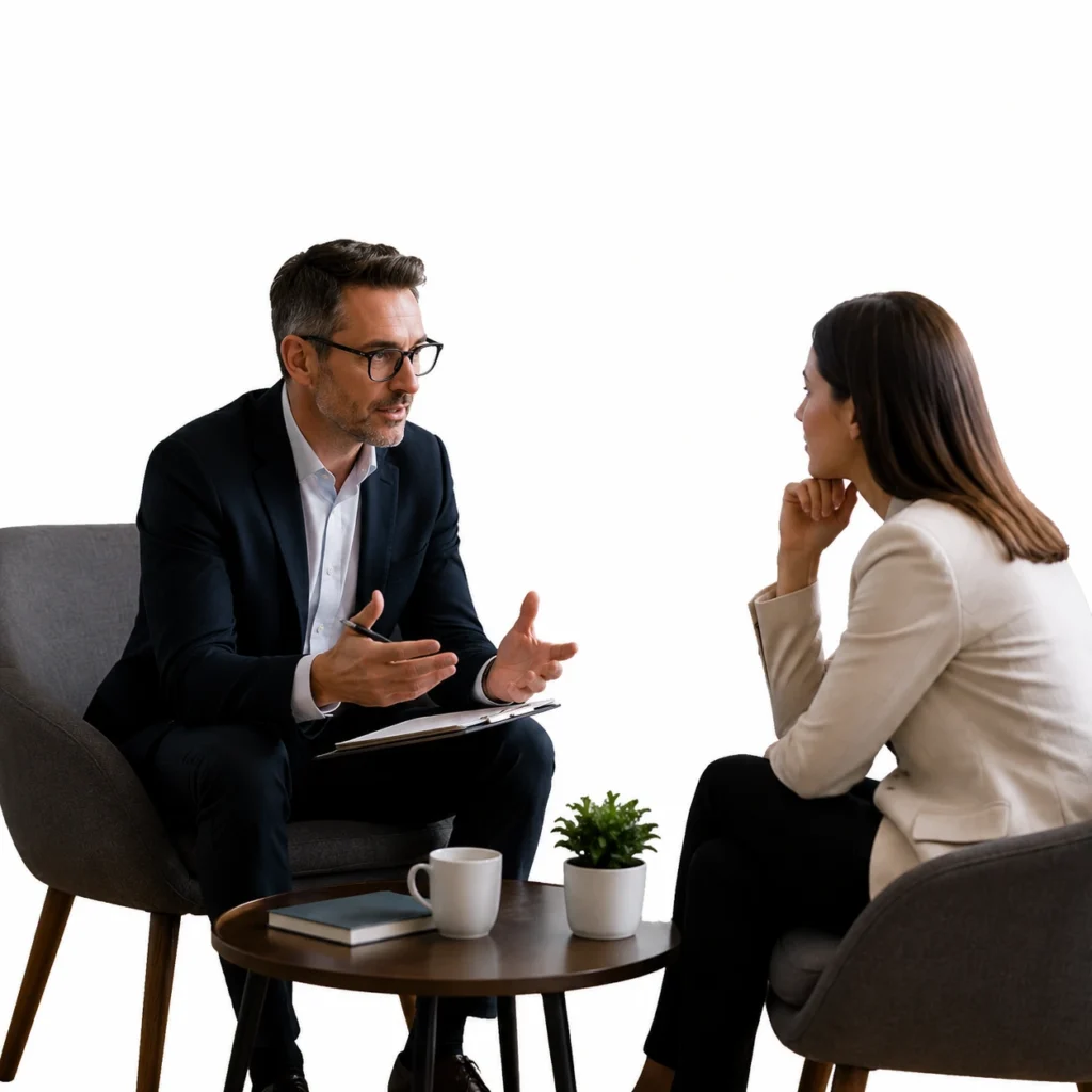 Professional executive coaching session showing What Is Executive Coaching in practice, with a coach and leader discussing leadership development, decision-making, and personal growth.
