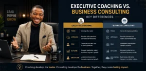 Executive coaching vs. business consulting comparison showing key differences in leadership development, problem-solving, approach, roles, and business outcomes.