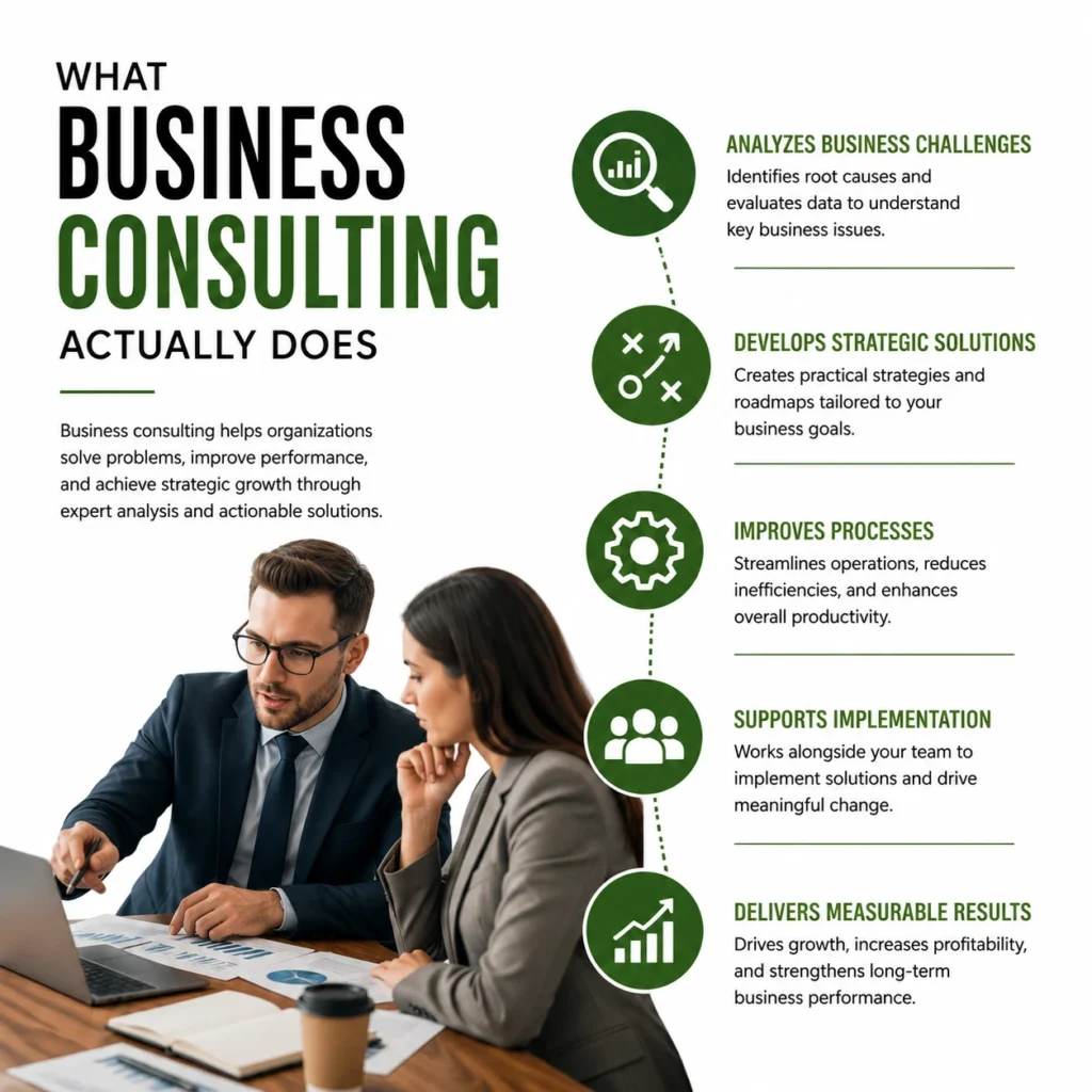 Infographic explaining what business consulting actually does, including business analysis, strategic solutions, process improvement, implementation support, and measurable growth.