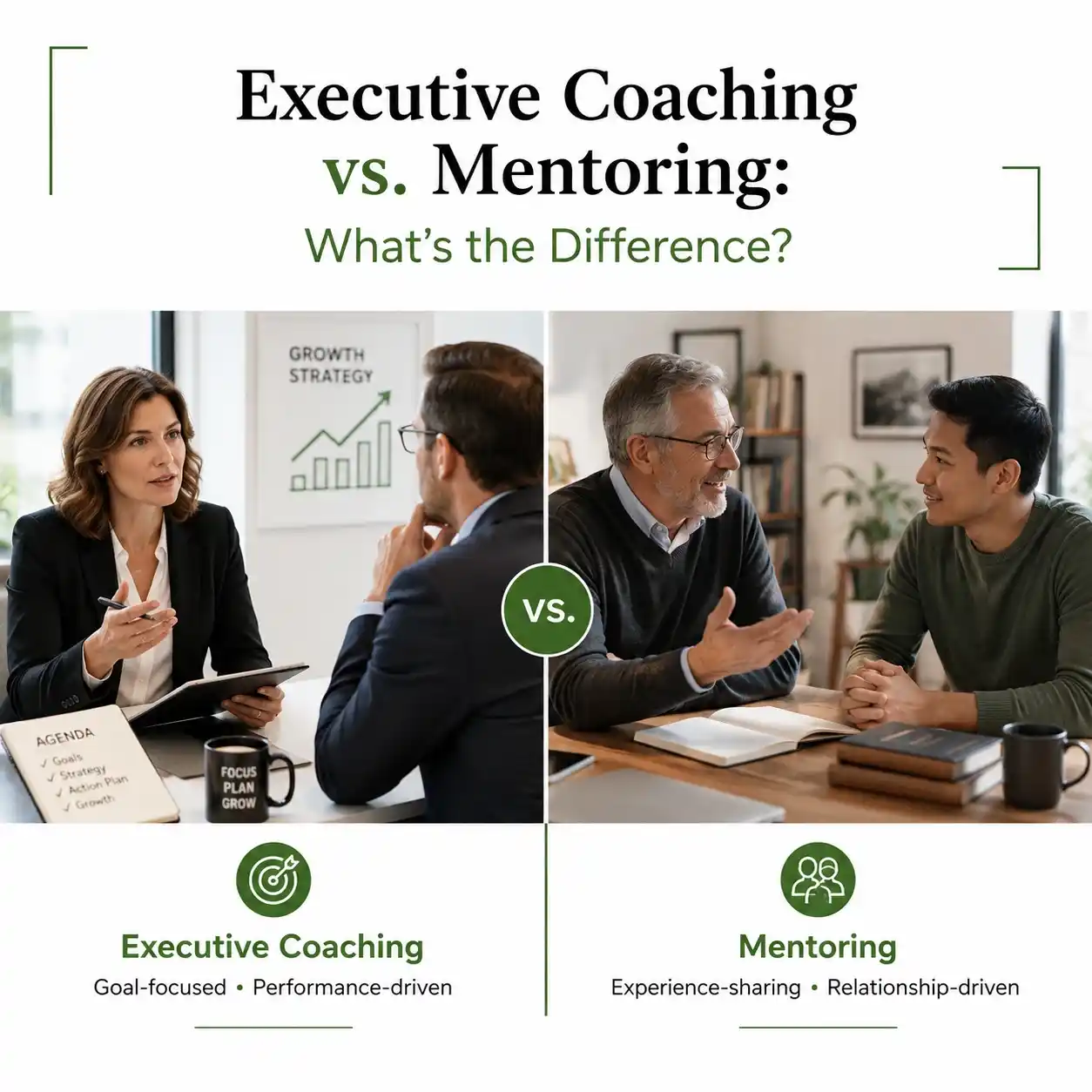 Executive Coaching vs. Mentoring comparison graphic showing two realistic business conversations side by side, with coaching focused on goals and performance, and mentoring focused on experience-sharing and relationships, in a white, black, and green theme.