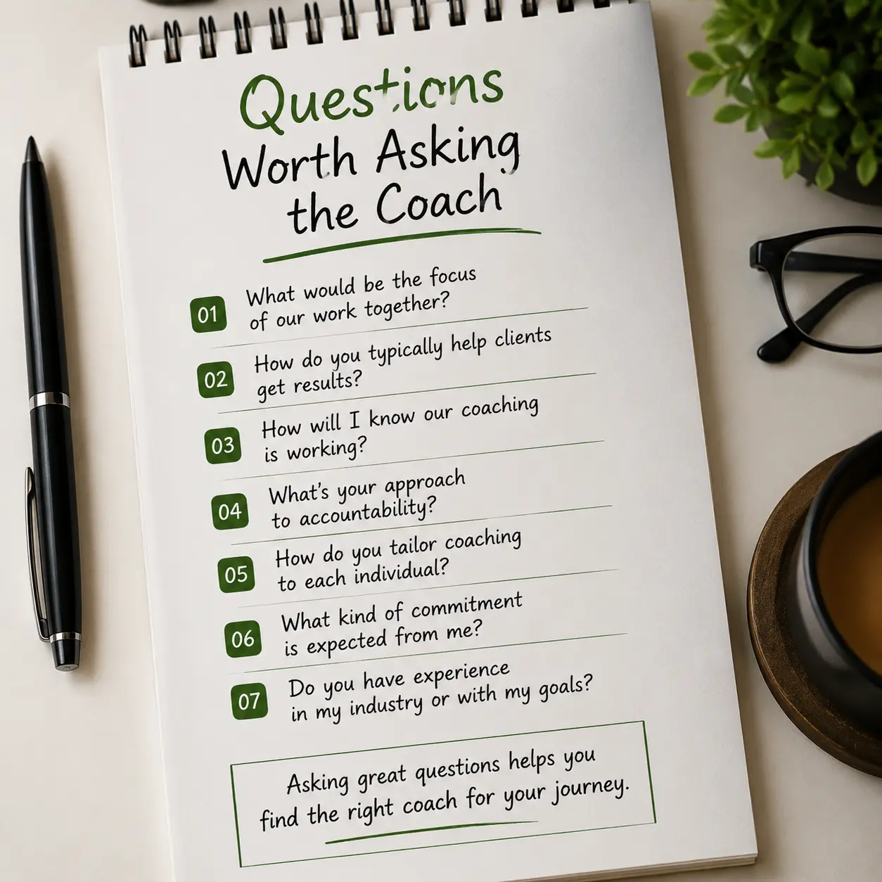Questions worth asking an executive coach before starting coaching, including approach, results, accountability, experience, and personalized support.