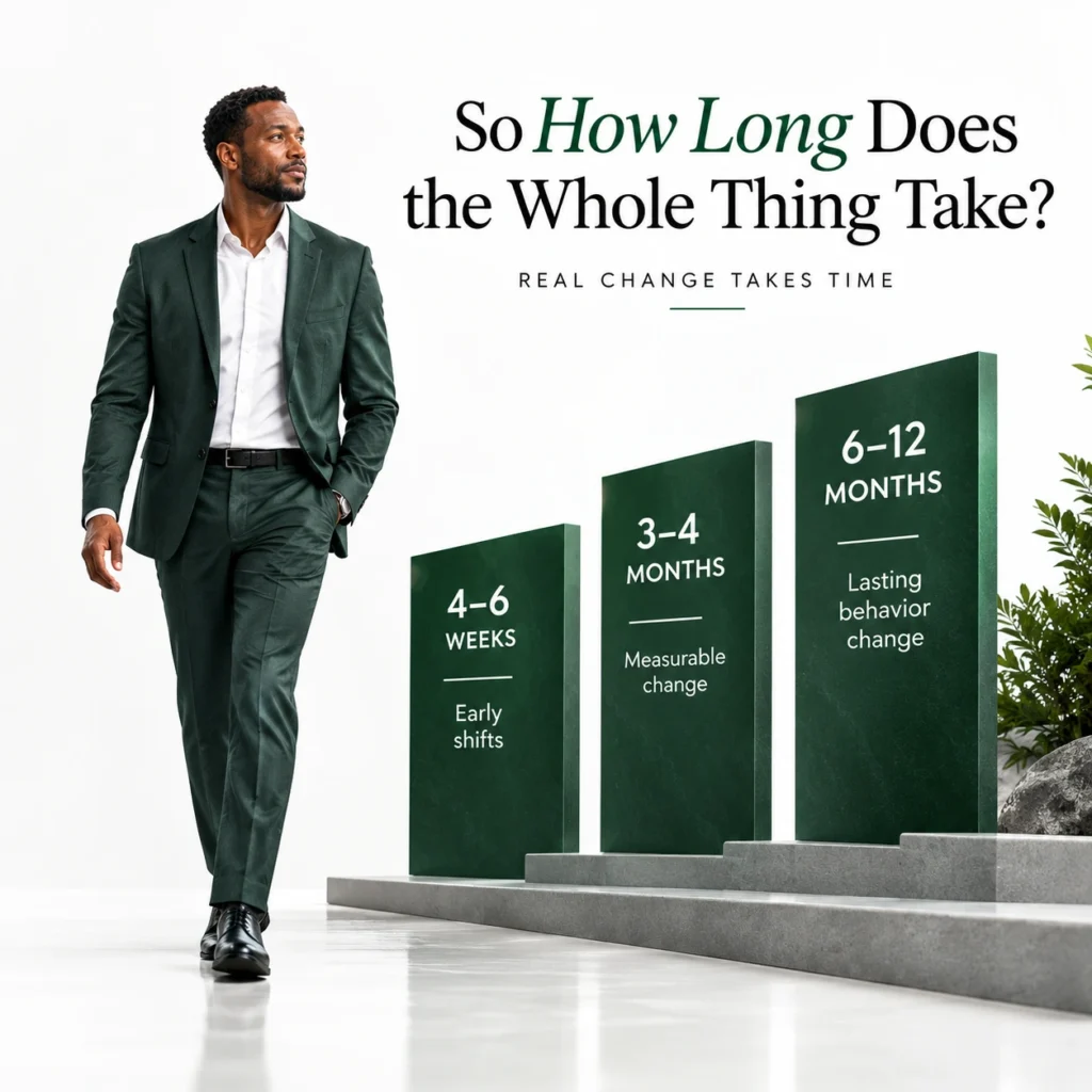 So how long does executive coaching take, showing 4–6 weeks, 3–4 months, and 6–12 months for lasting change