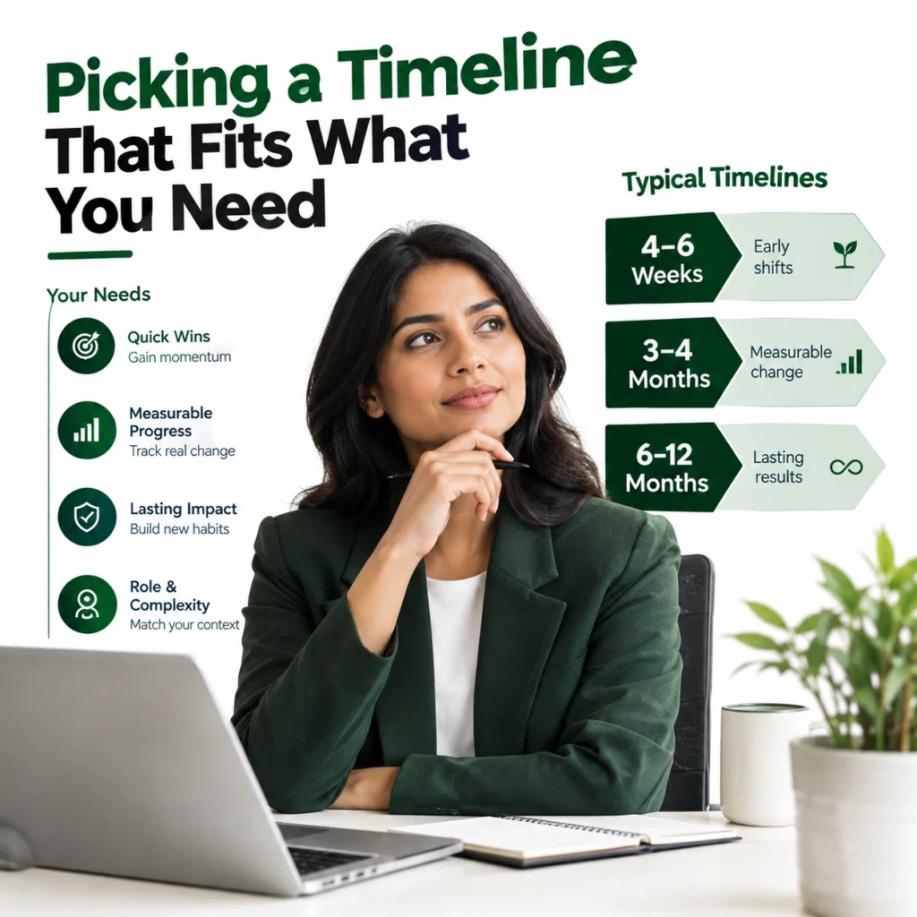 Choosing an executive coaching timeline based on quick wins, measurable progress, lasting impact, and role complexity