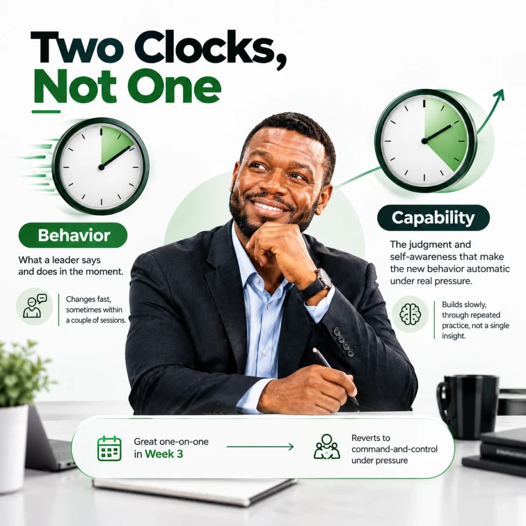 Two clocks showing how executive coaching changes behavior quickly while leadership capability develops gradually