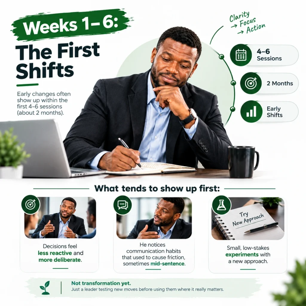 Weeks 1–6 executive coaching timeline showing early behavioral shifts within 4–6 sessions