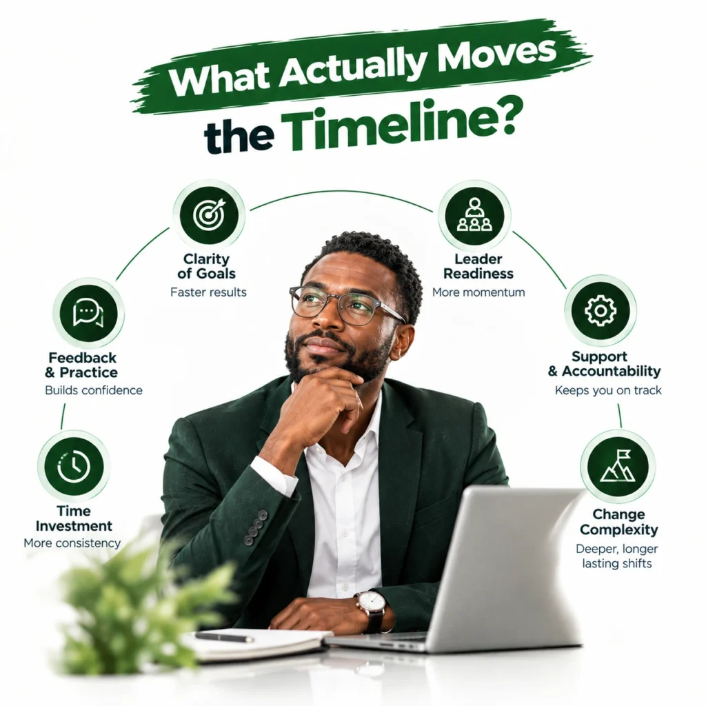 Factors that affect the executive coaching timeline, including goals, readiness, practice, support, and change complexity
